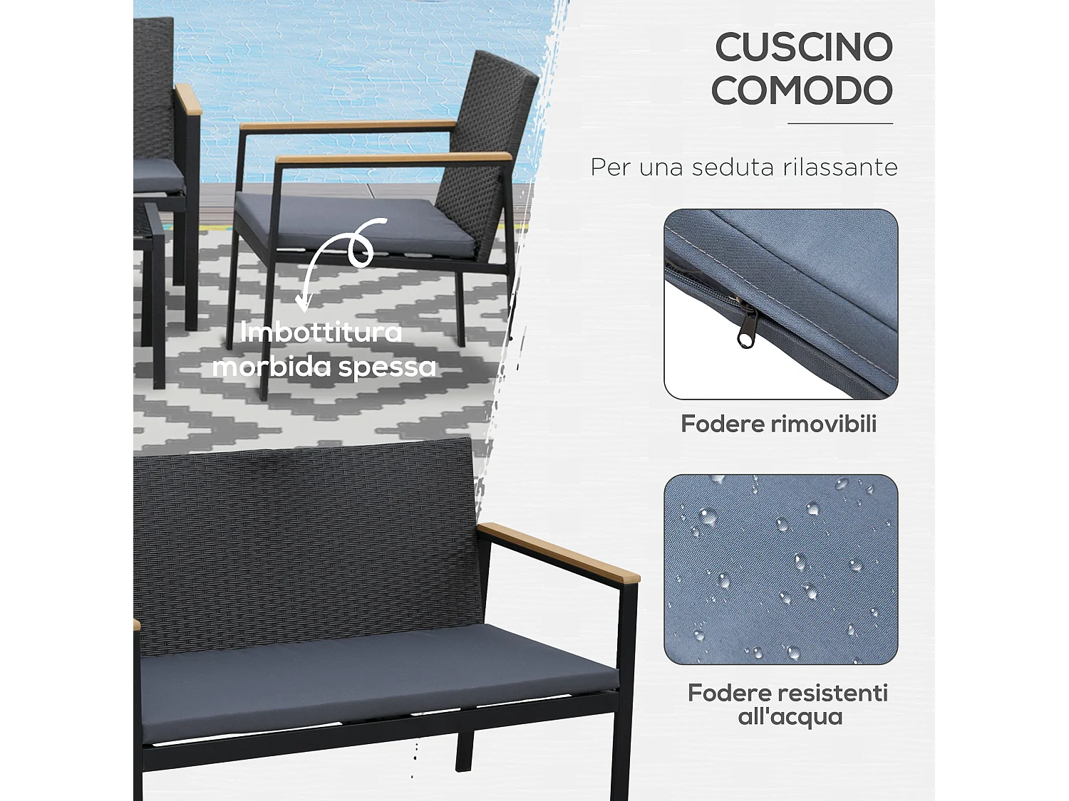 Mobili da giardino e esterno set 4 pezzi in rattan e acciaio nero