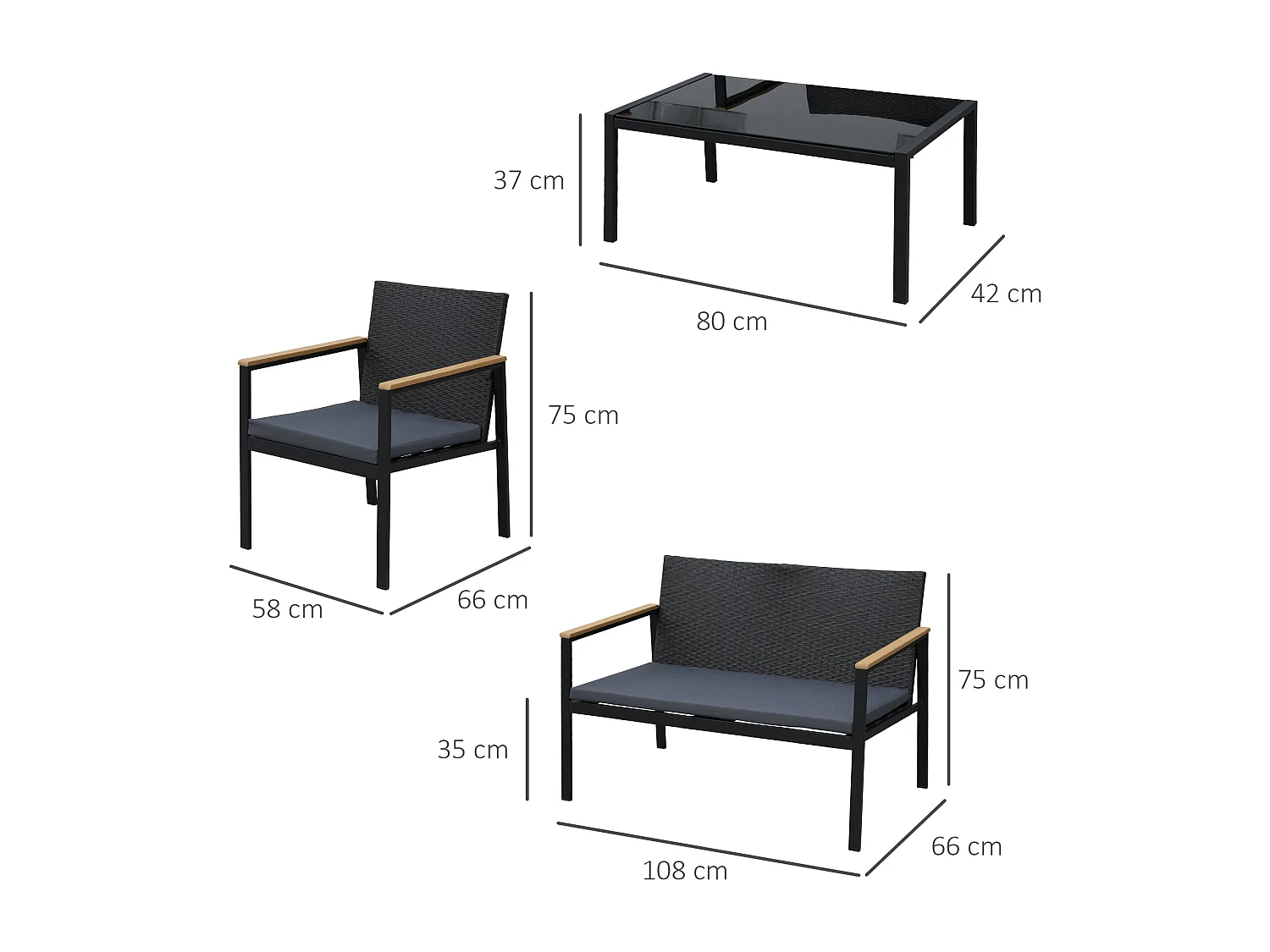 Mobili da giardino e esterno set 4 pezzi in rattan e acciaio nero