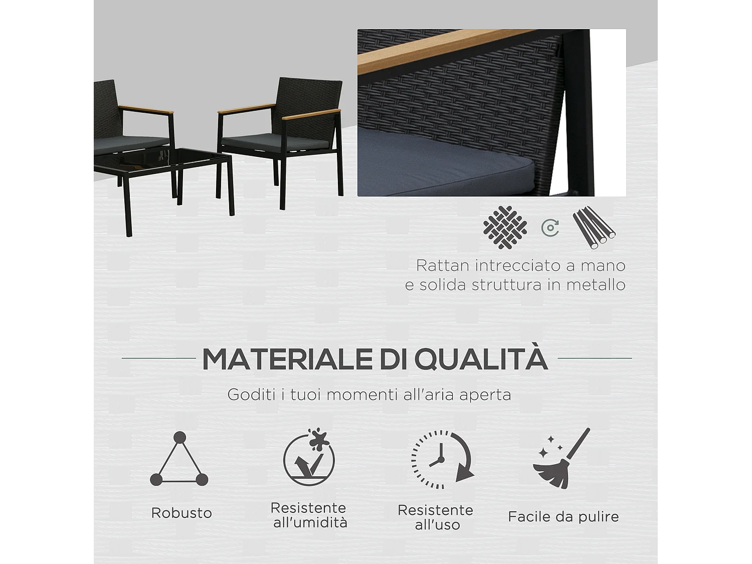 Mobili da giardino e esterno set 4 pezzi in rattan e acciaio nero