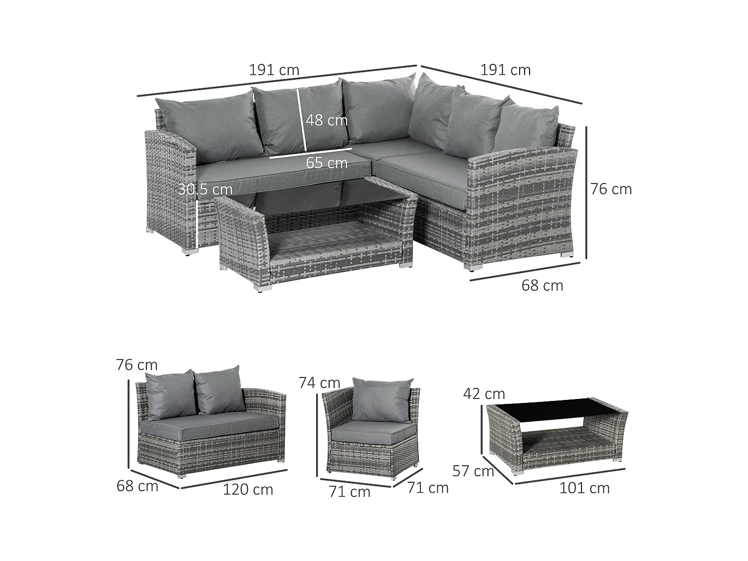 Salotto giardino rattan pe 4 pezzi divano angolare tavolino