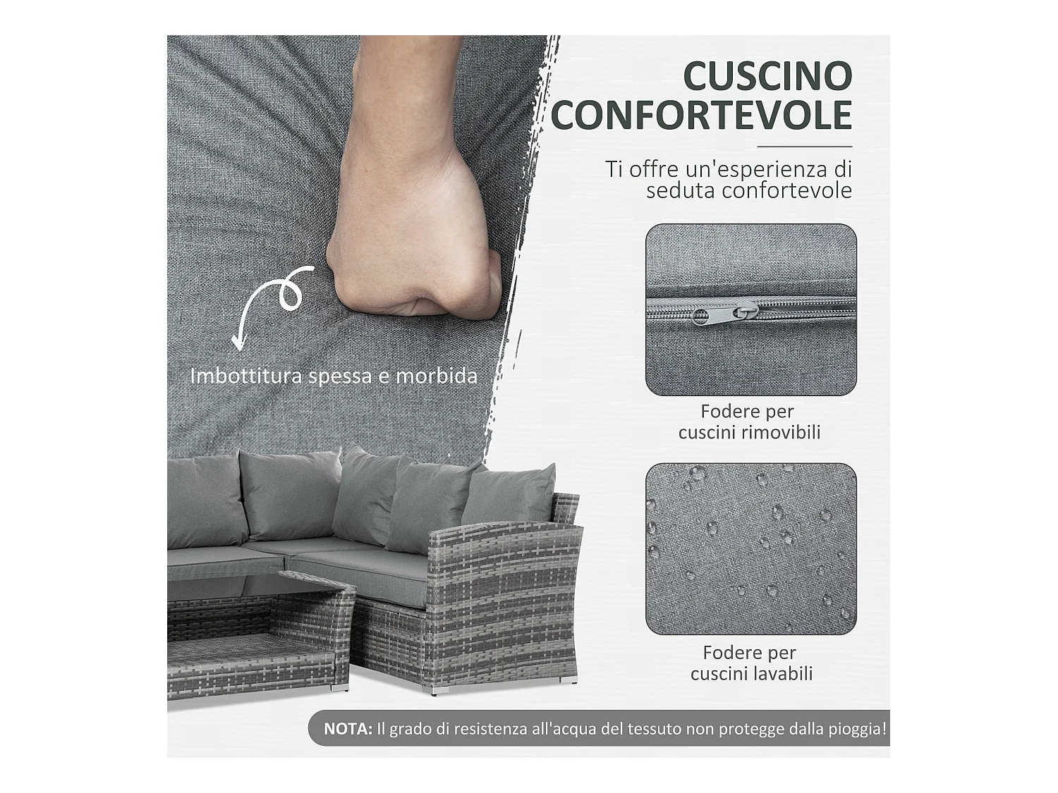 Salotto giardino rattan pe 4 pezzi divano angolare tavolino