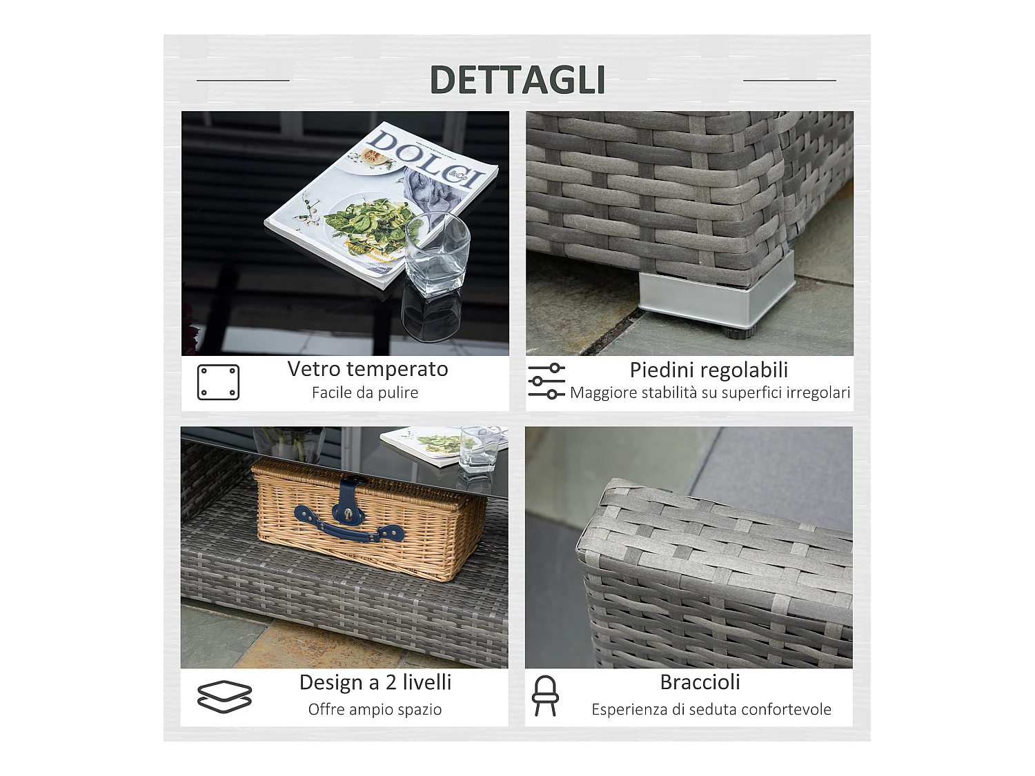 Salotto giardino rattan pe 4 pezzi divano angolare tavolino