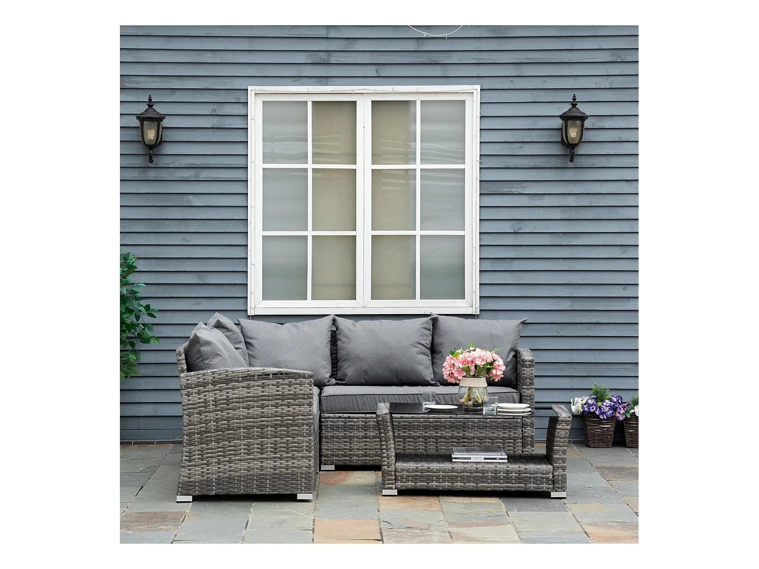 Salotto giardino rattan pe 4 pezzi divano angolare tavolino