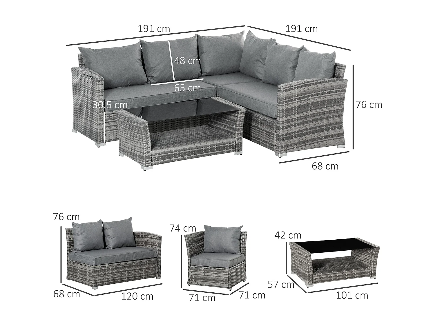 Salotto giardino rattan pe 4 pezzi divano angolare tavolino