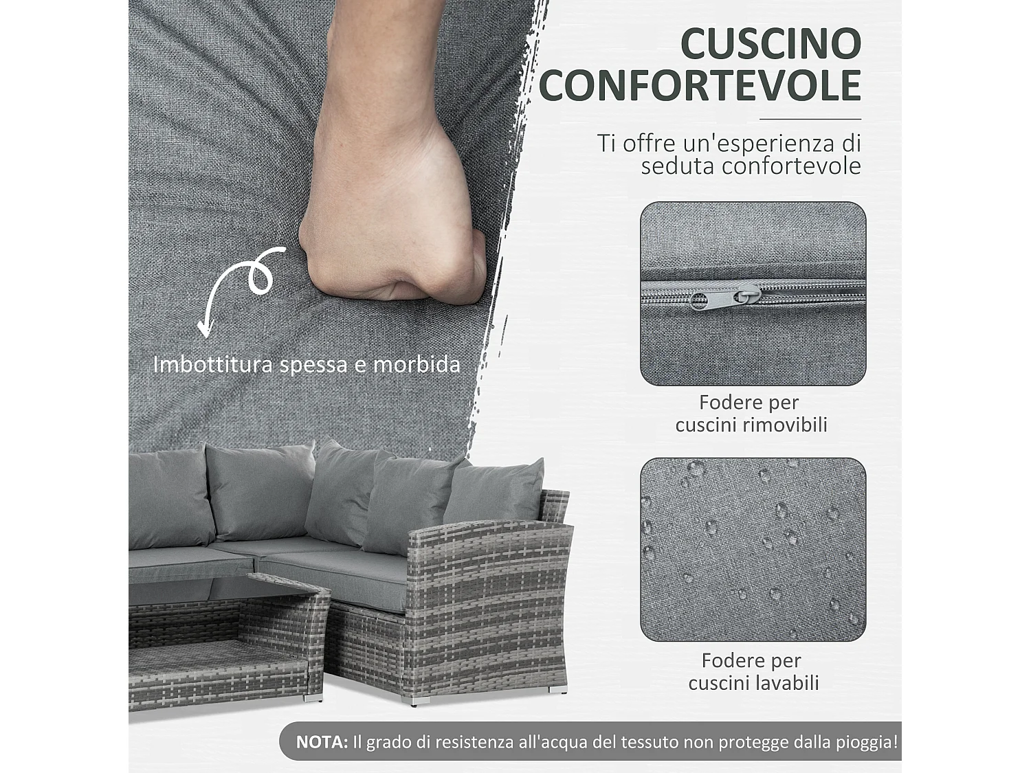 Salotto giardino rattan pe 4 pezzi divano angolare tavolino