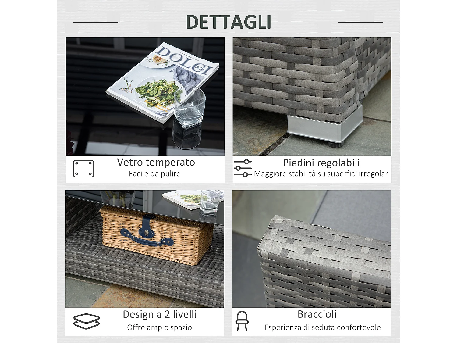 Salotto giardino rattan pe 4 pezzi divano angolare tavolino