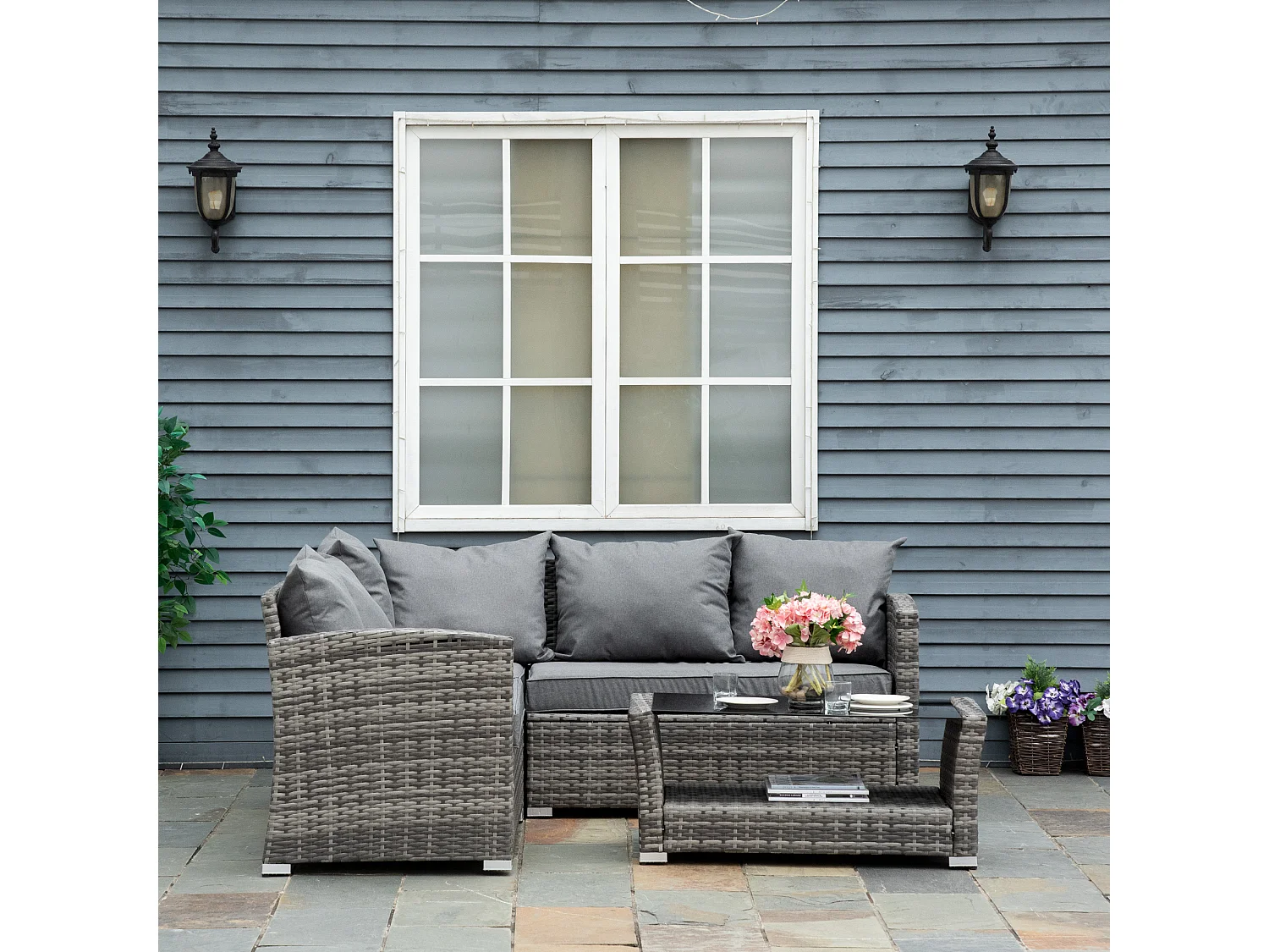 Salotto giardino rattan pe 4 pezzi divano angolare tavolino