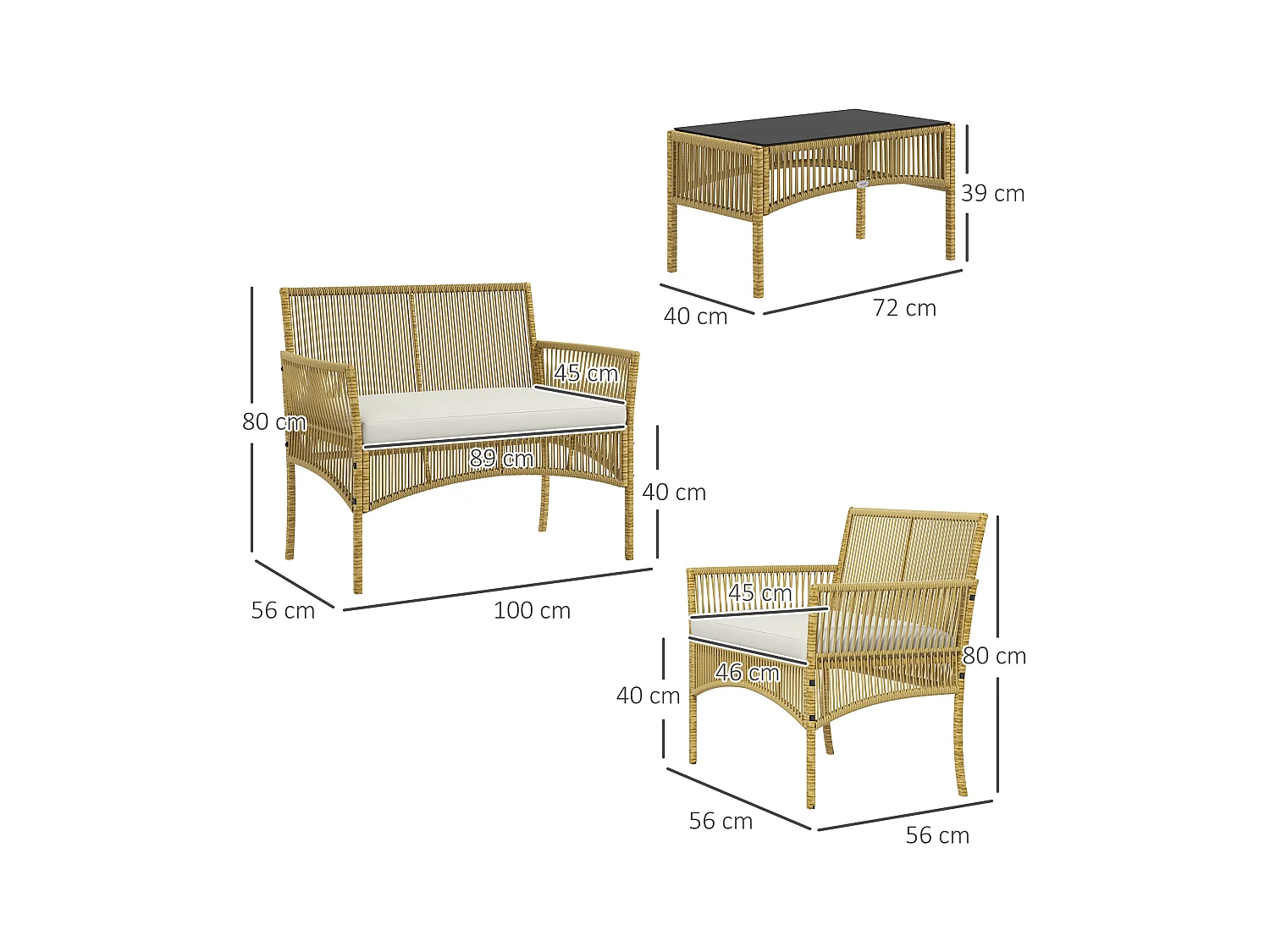 Set da giardino con 2 poltrone divano e tavolino naturale e nero