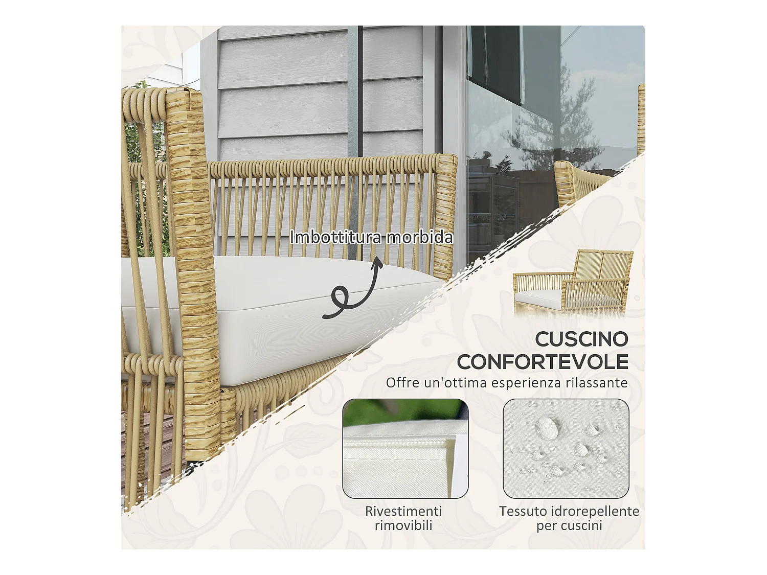 Set da giardino con 2 poltrone divano e tavolino naturale e nero