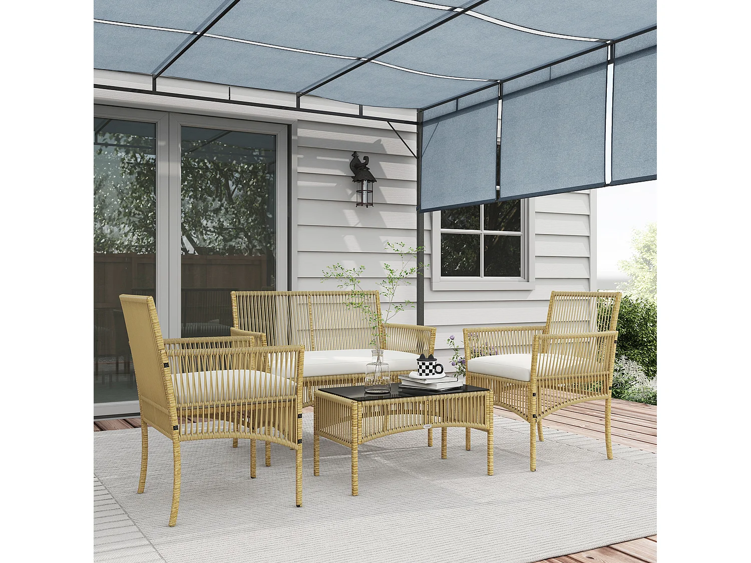 Set da giardino con 2 poltrone divano e tavolino naturale e nero