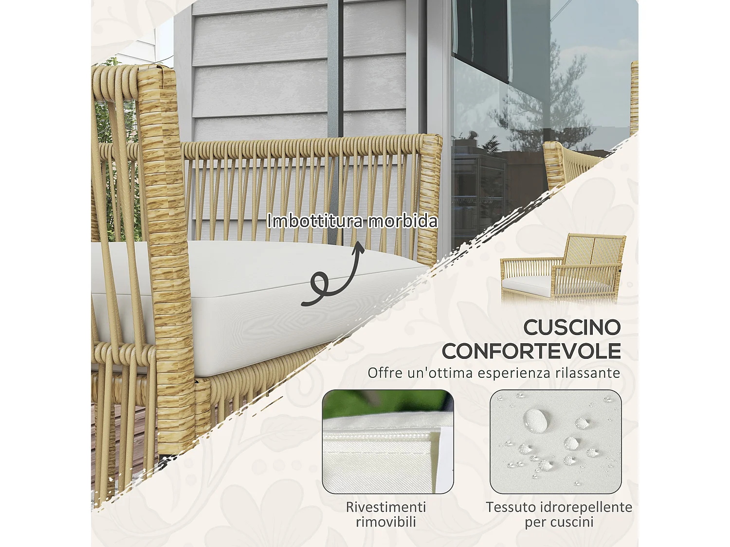 Set da giardino con 2 poltrone divano e tavolino naturale e nero