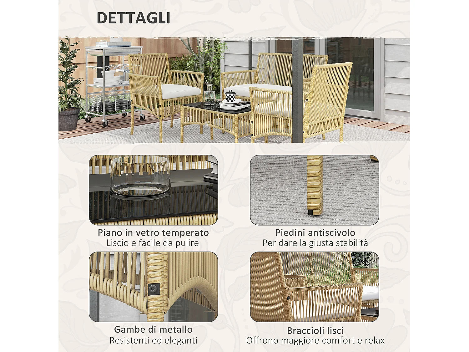 Set da giardino con 2 poltrone divano e tavolino naturale e nero