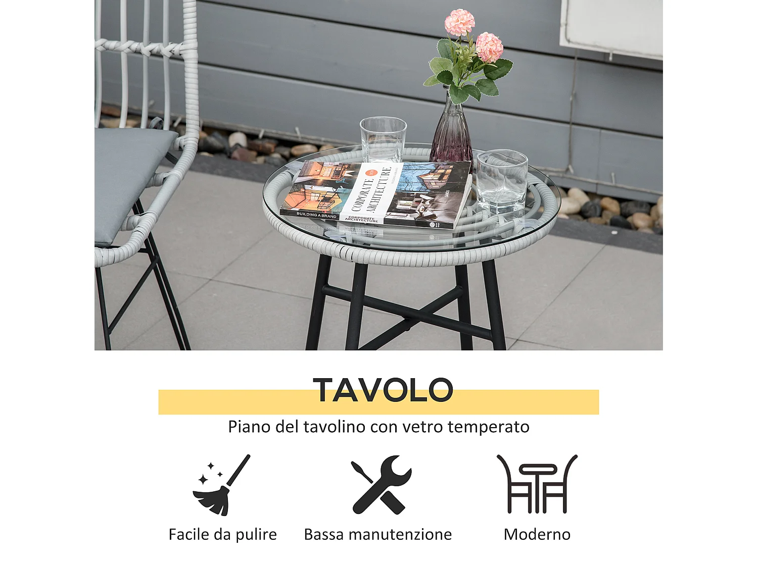 Outstunny set 3 pezzi tavolino da caffè e sedie da giardino grigio