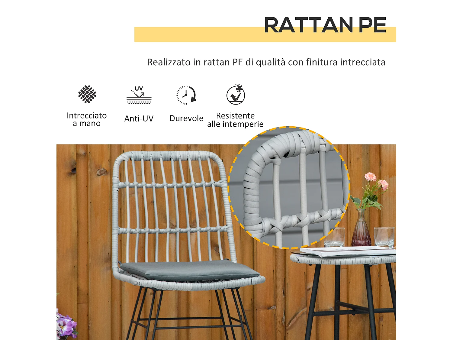 Outstunny set 3 pezzi tavolino da caffè e sedie da giardino grigio