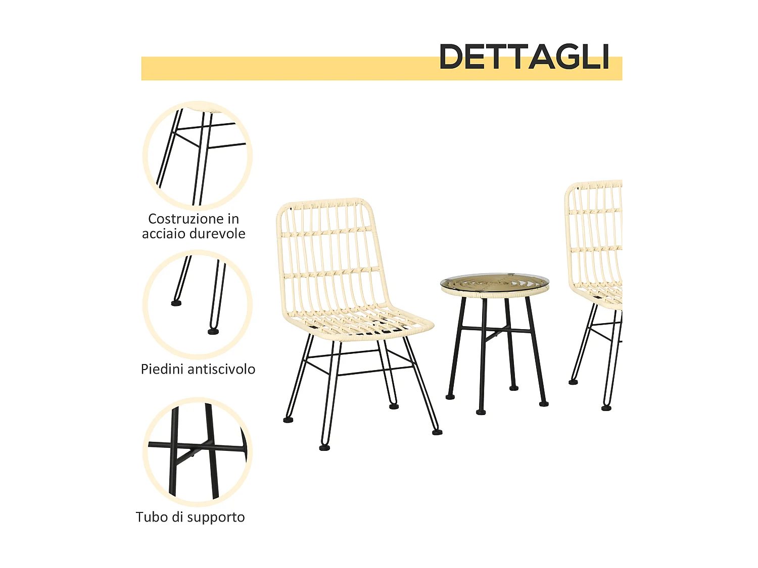 Outstunny set 3 pezzi tavolino da caffè e sedie da giardino crema