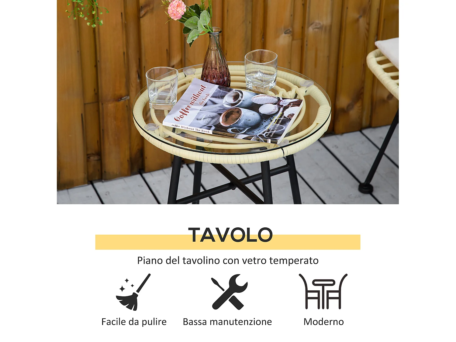 Outstunny set 3 pezzi tavolino da caffè e sedie da giardino crema