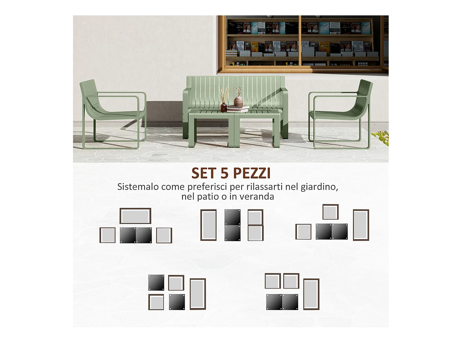 Set da giardino 5pz con divanetto 2 poltroncine e 2 tavolini verde