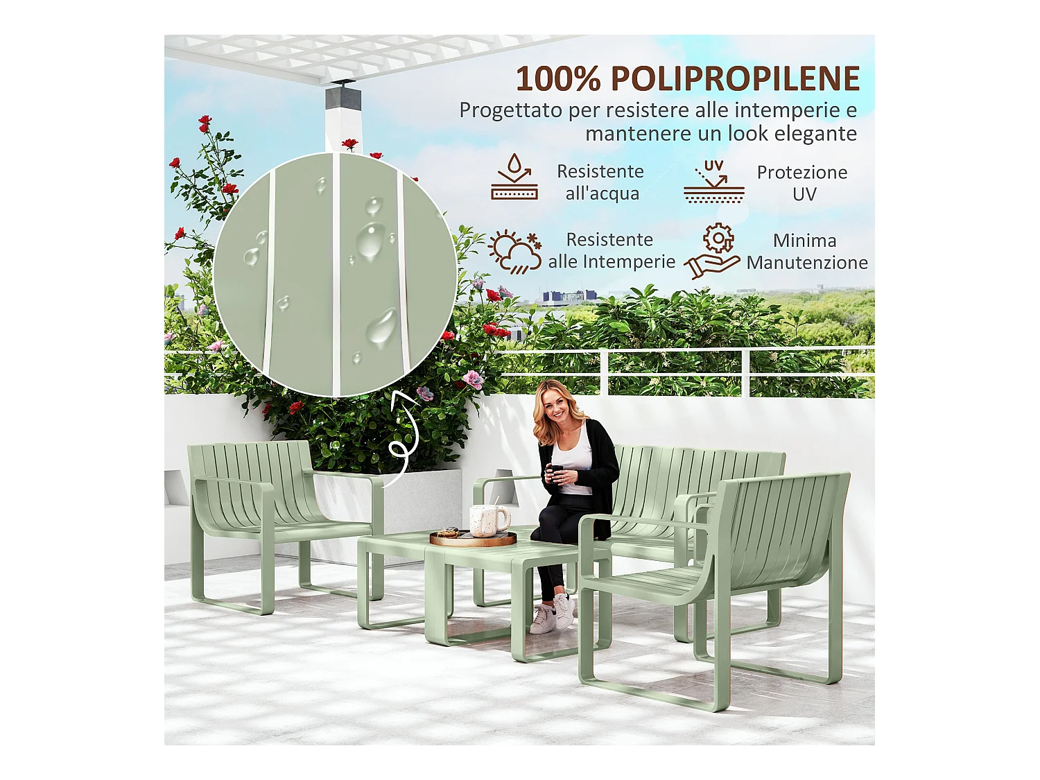 Set da giardino 5pz con divanetto 2 poltroncine e 2 tavolini verde