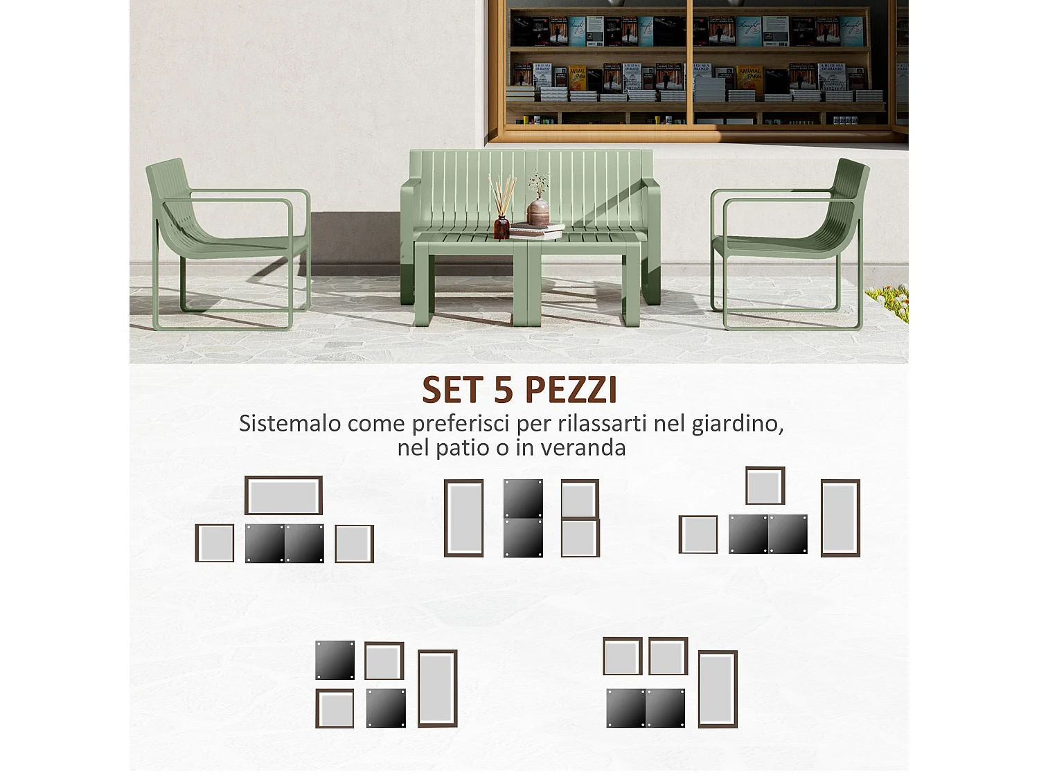 Set da giardino 5pz con divanetto 2 poltroncine e 2 tavolini verde