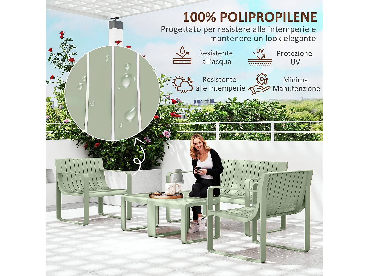 Set da giardino 5pz con divanetto 2 poltroncine e 2 tavolini verde