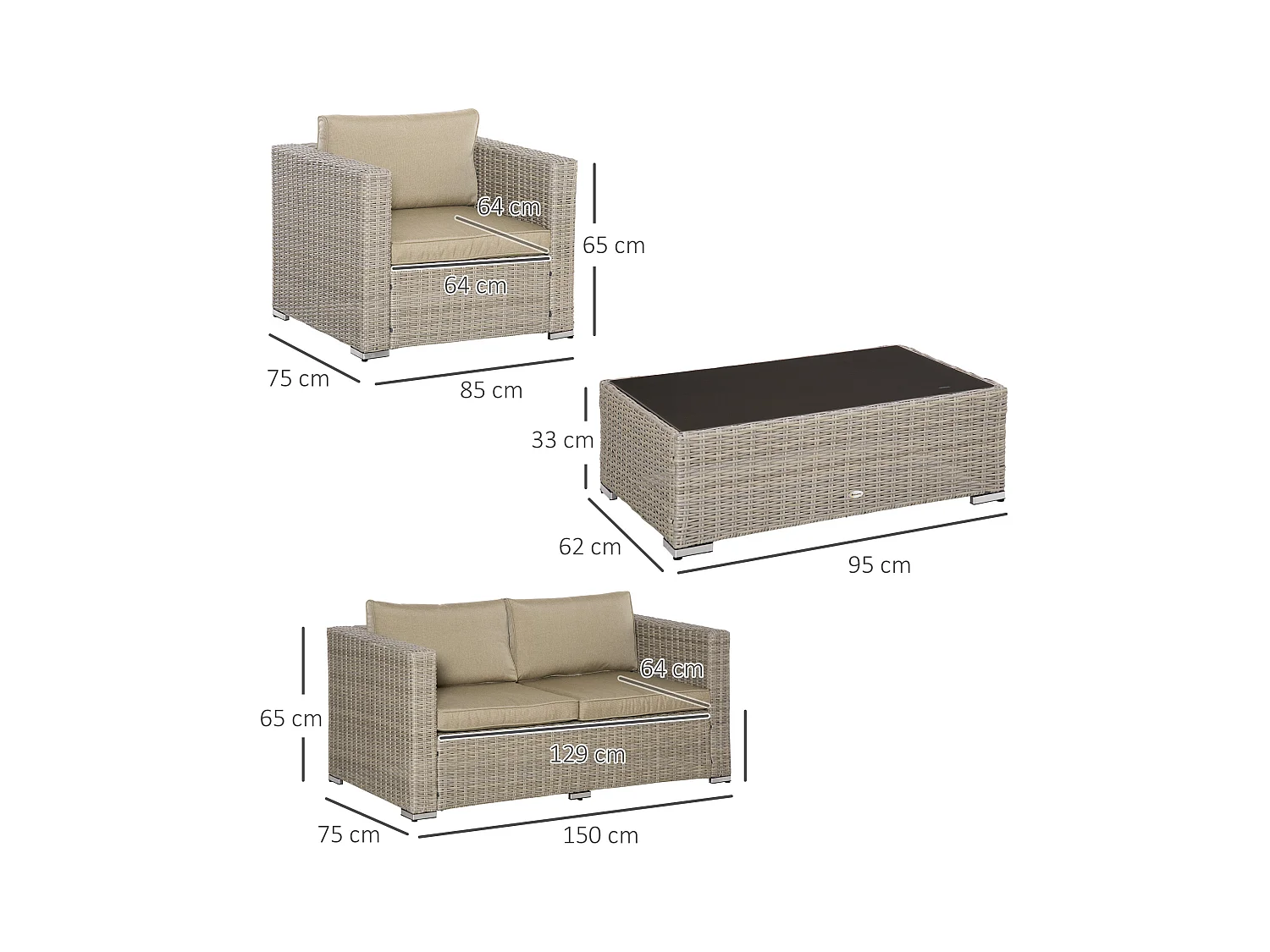 Set 4 pz salotto da esterni in rattan kaki e beige