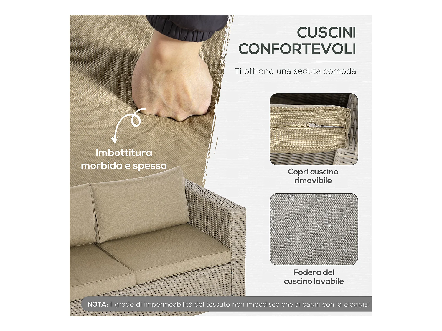 Set 4 pz salotto da esterni in rattan kaki e beige