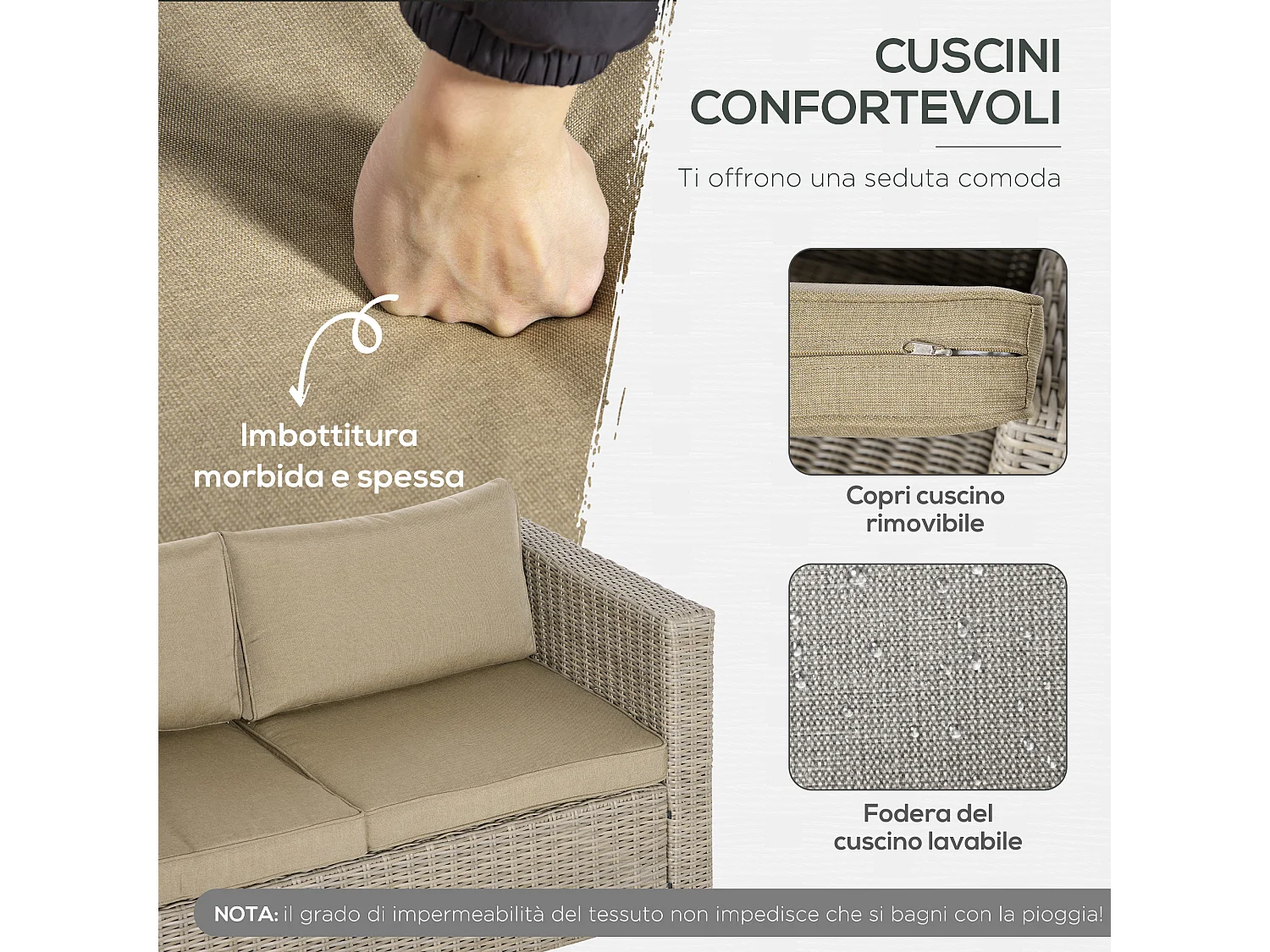 Set 4 pz salotto da esterni in rattan kaki e beige