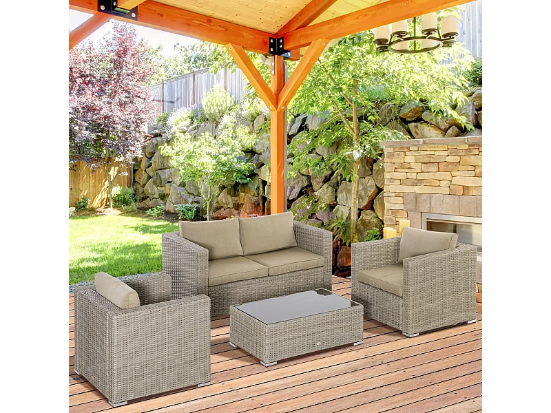 Set 4 pz salotto da esterni in rattan kaki e beige