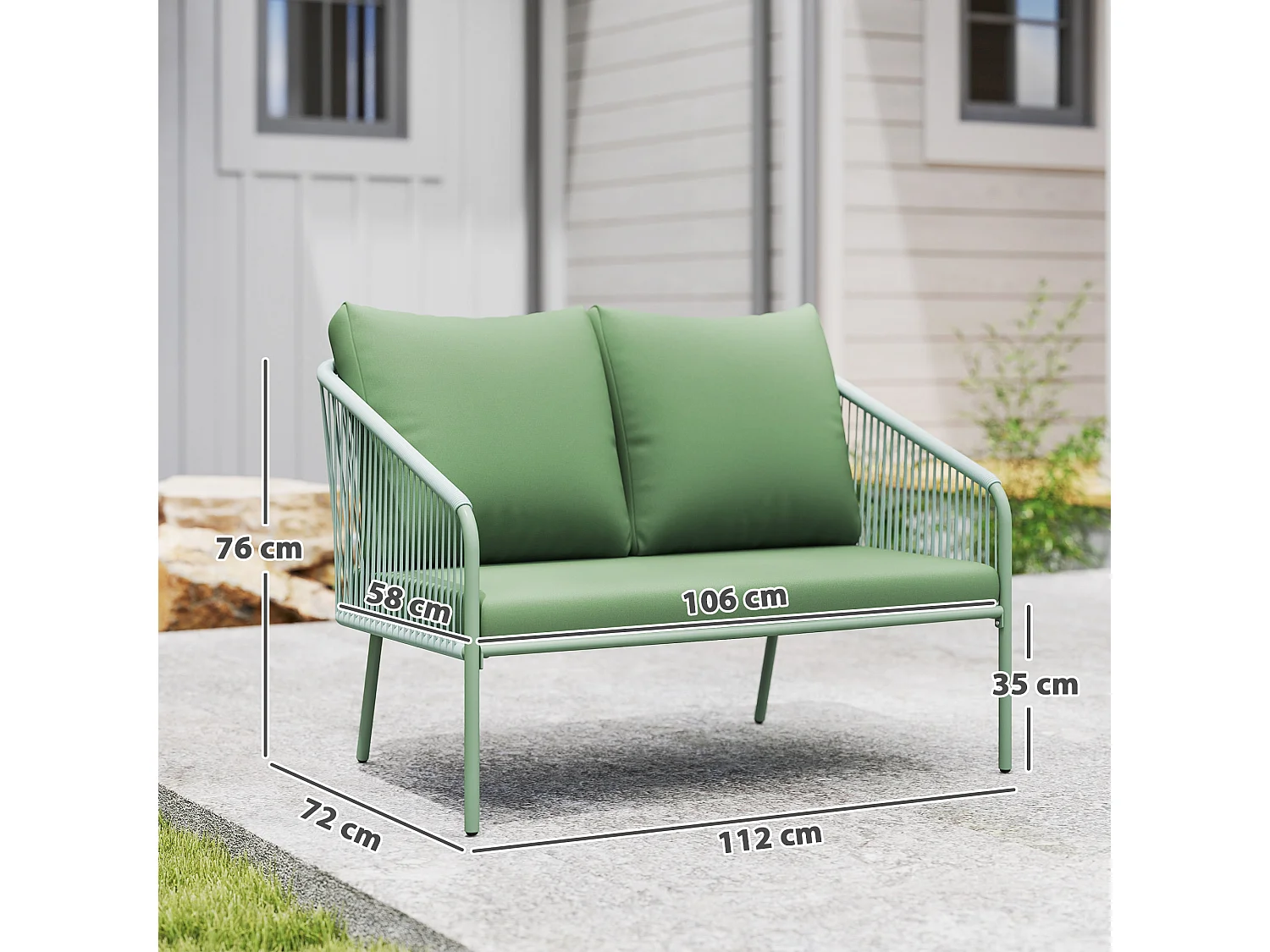Divano da giardino 2 posti con cuscini stile boho in rattan verde