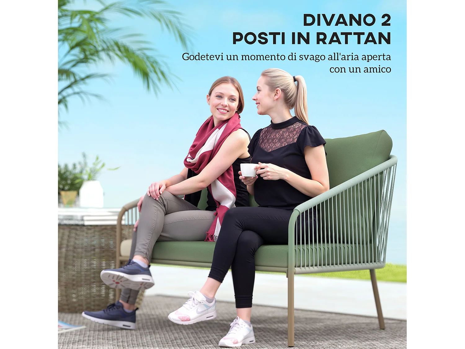 Divano da giardino 2 posti con cuscini stile boho in rattan verde