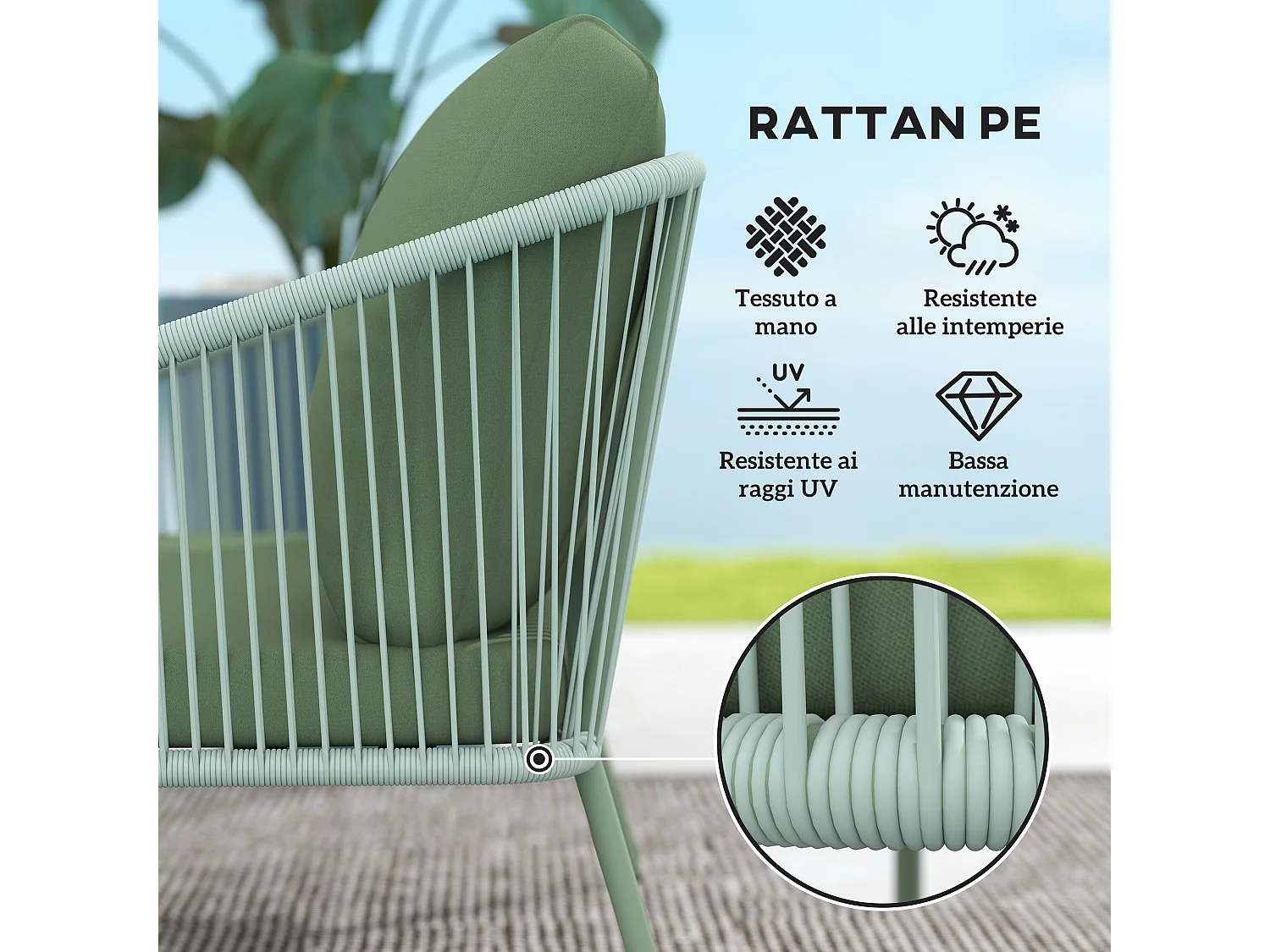 Divano da giardino 2 posti con cuscini stile boho in rattan verde