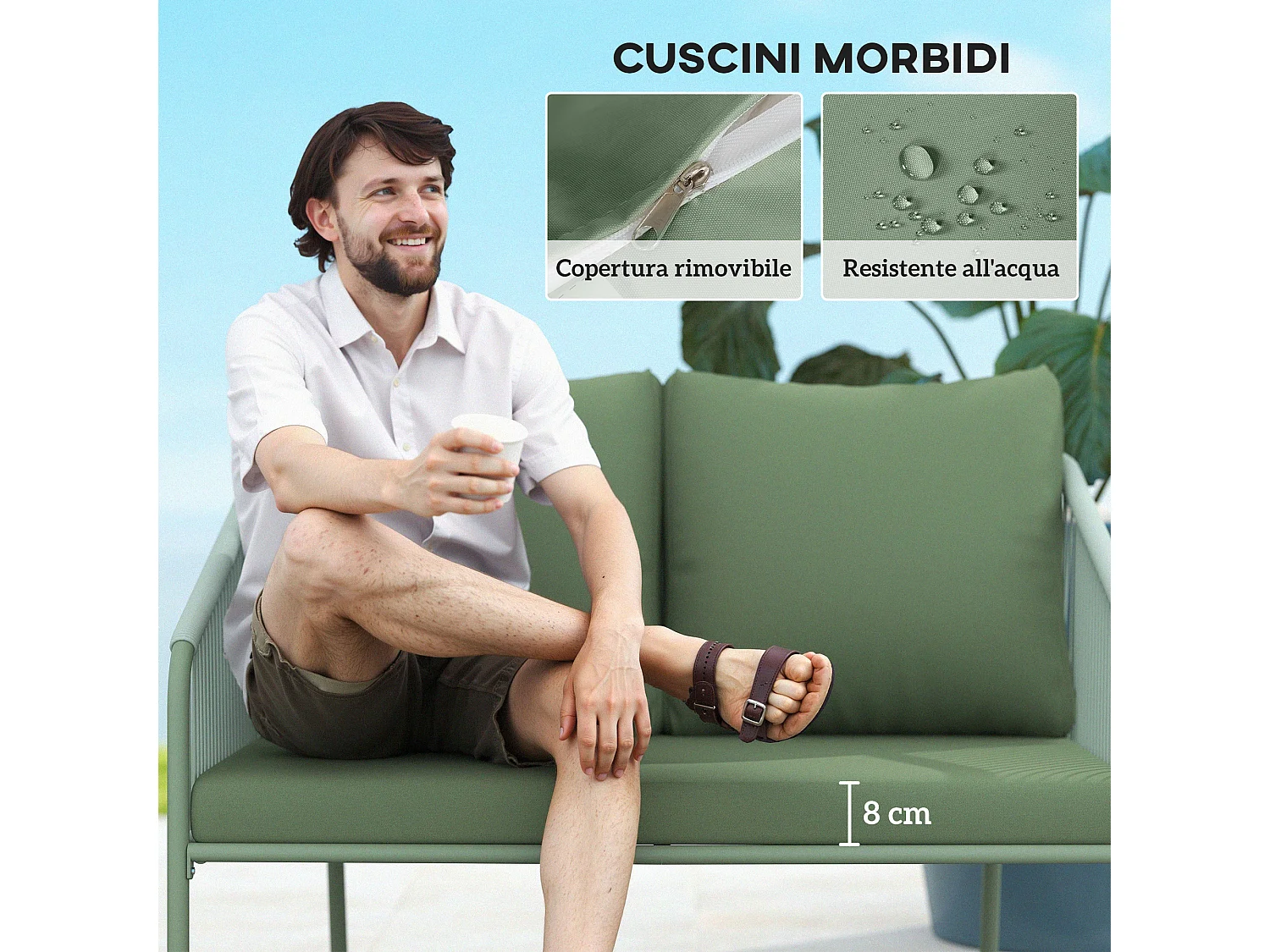 Divano da giardino 2 posti con cuscini stile boho in rattan verde