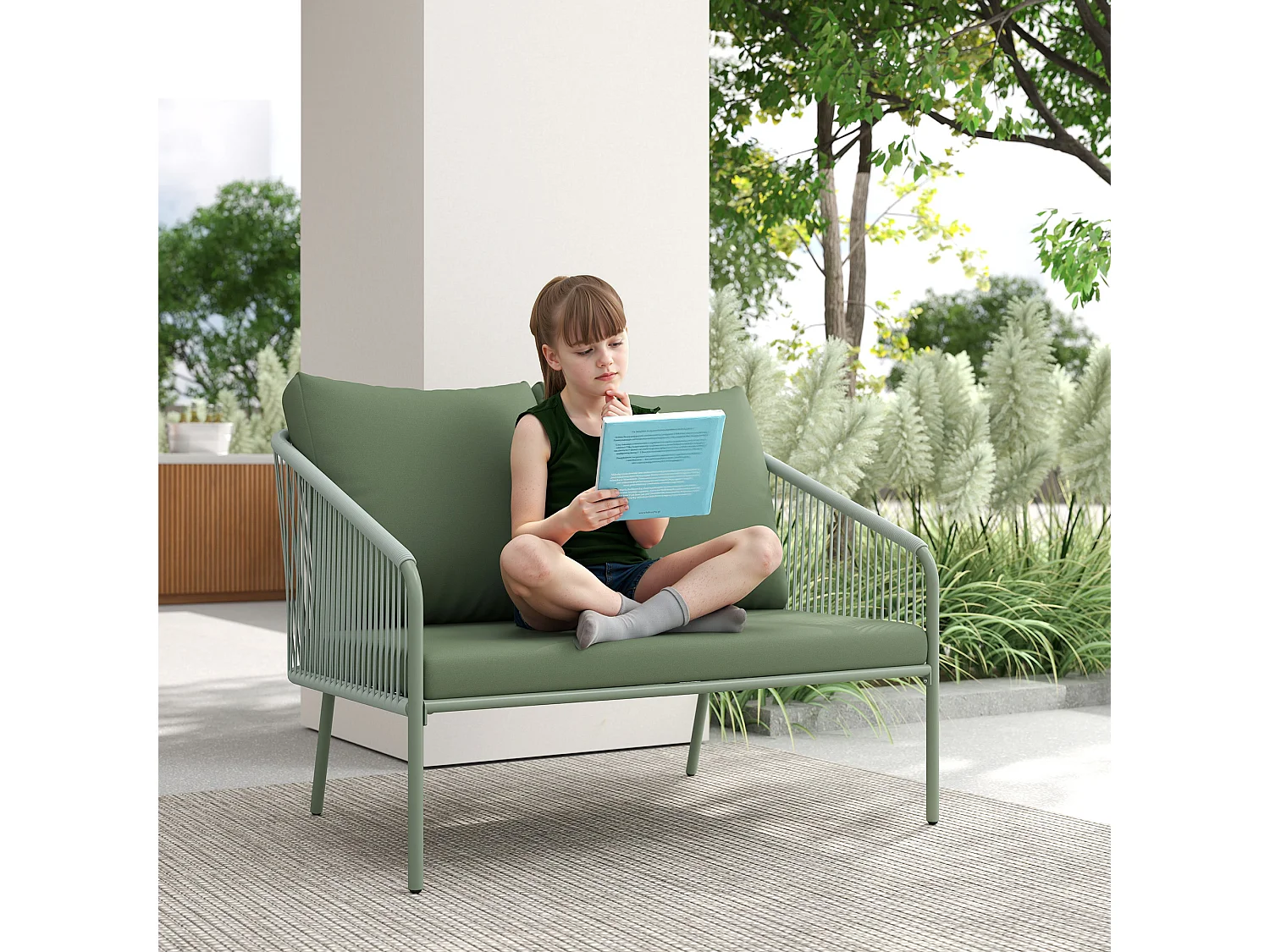 Divano da giardino 2 posti con cuscini stile boho in rattan verde