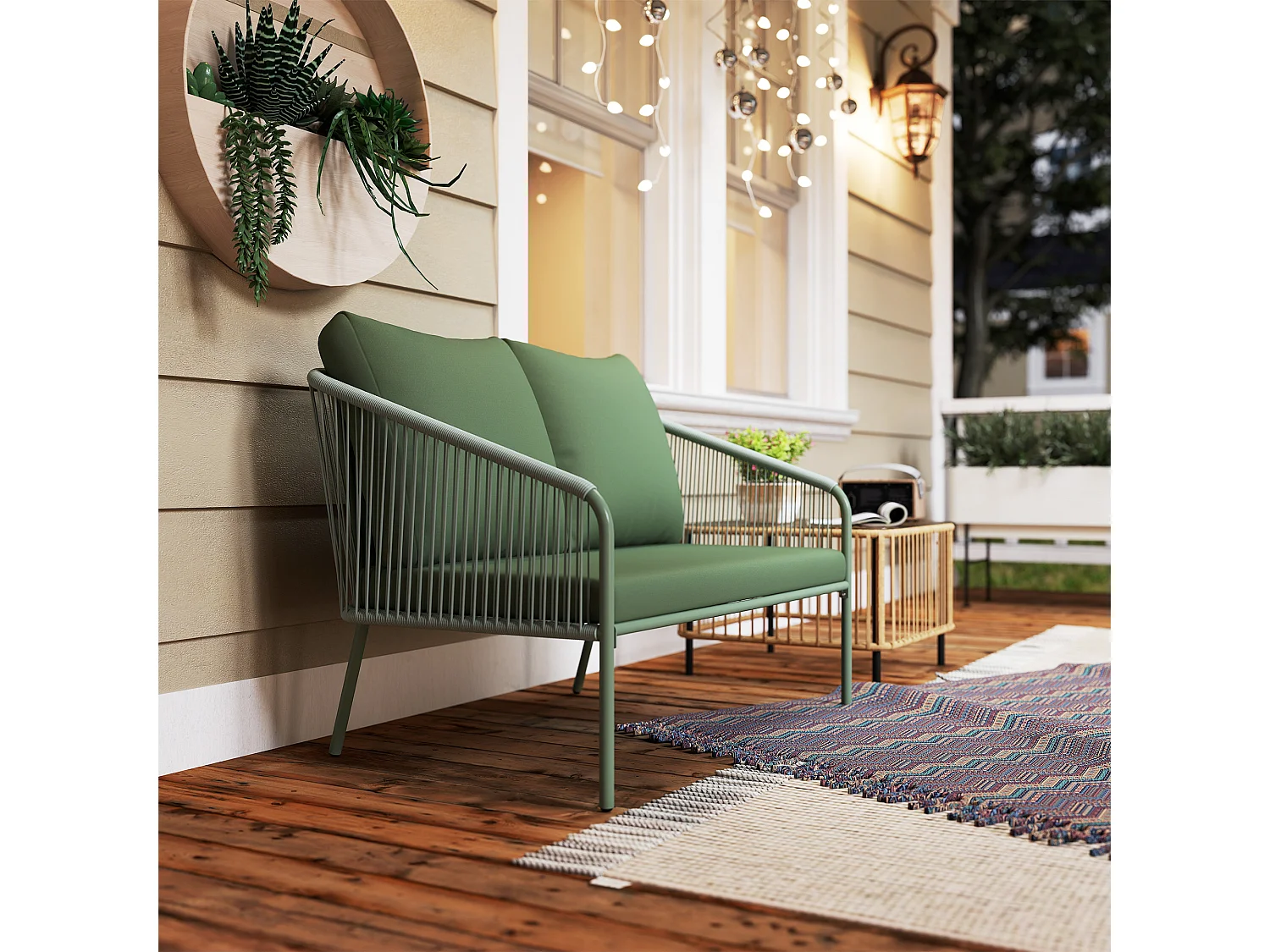 Divano da giardino 2 posti con cuscini stile boho in rattan verde