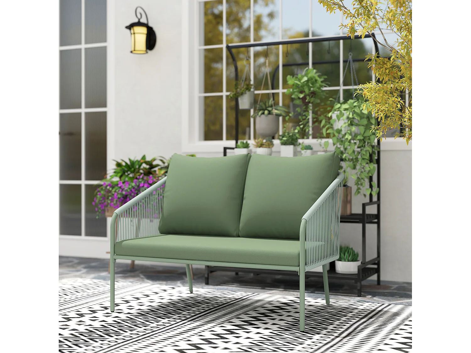 Divano da giardino 2 posti con cuscini stile boho in rattan verde
