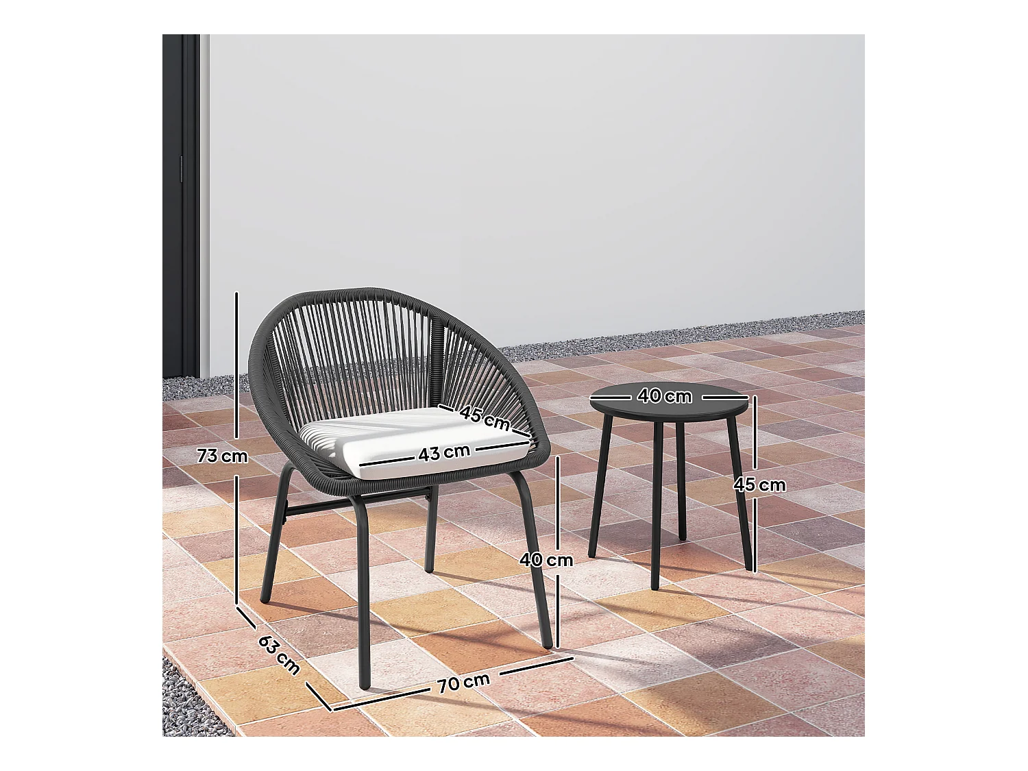 Set da giardino con 2 sedie e tavolino in acciaio e rattan pe nero