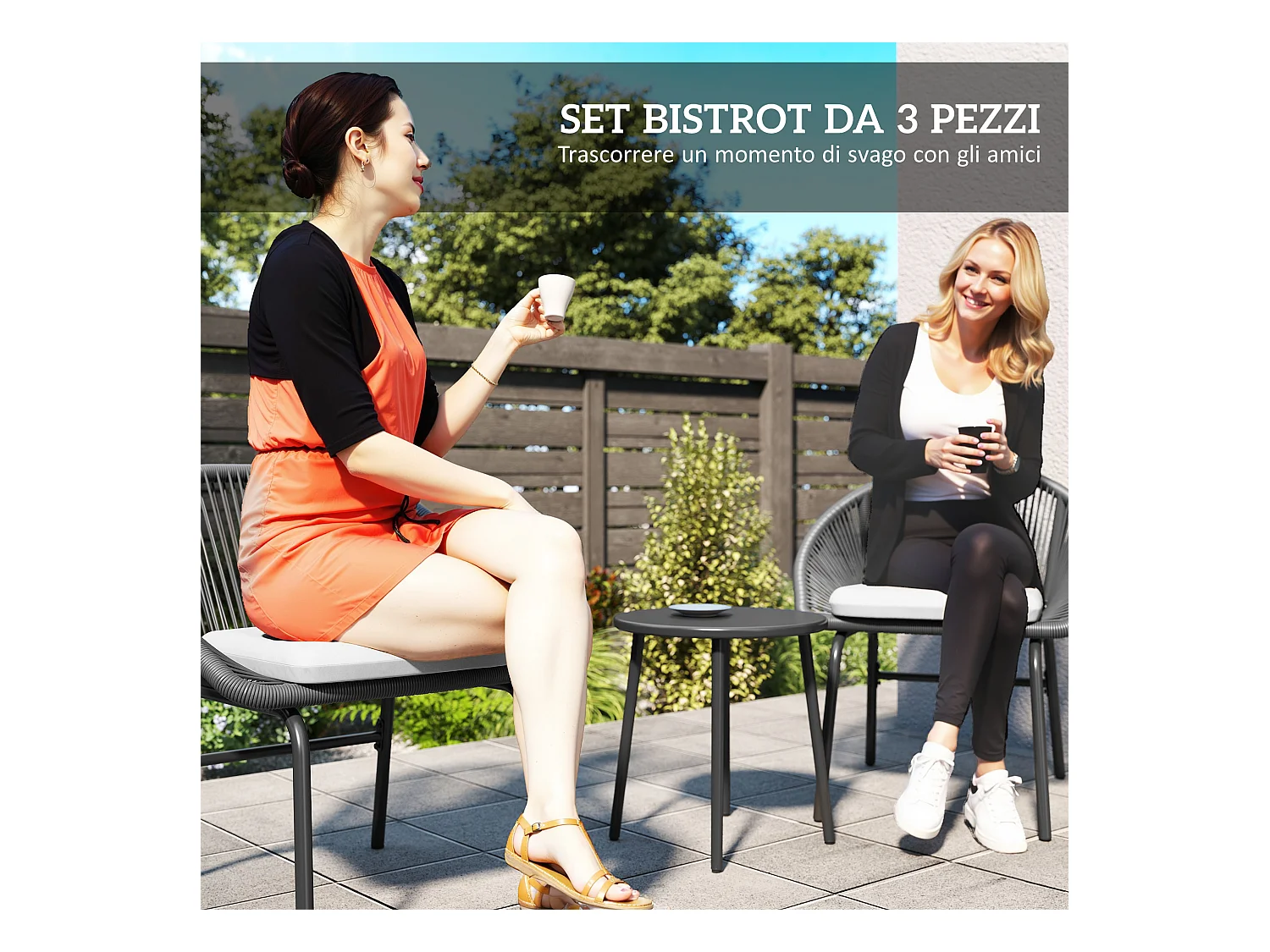 Set da giardino con 2 sedie e tavolino in acciaio e rattan pe nero