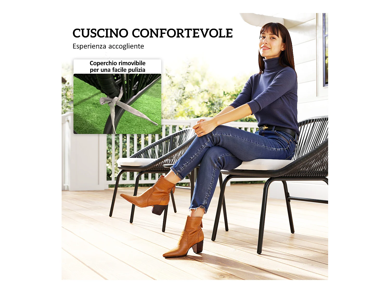 Set da giardino con 2 sedie e tavolino in acciaio e rattan pe nero