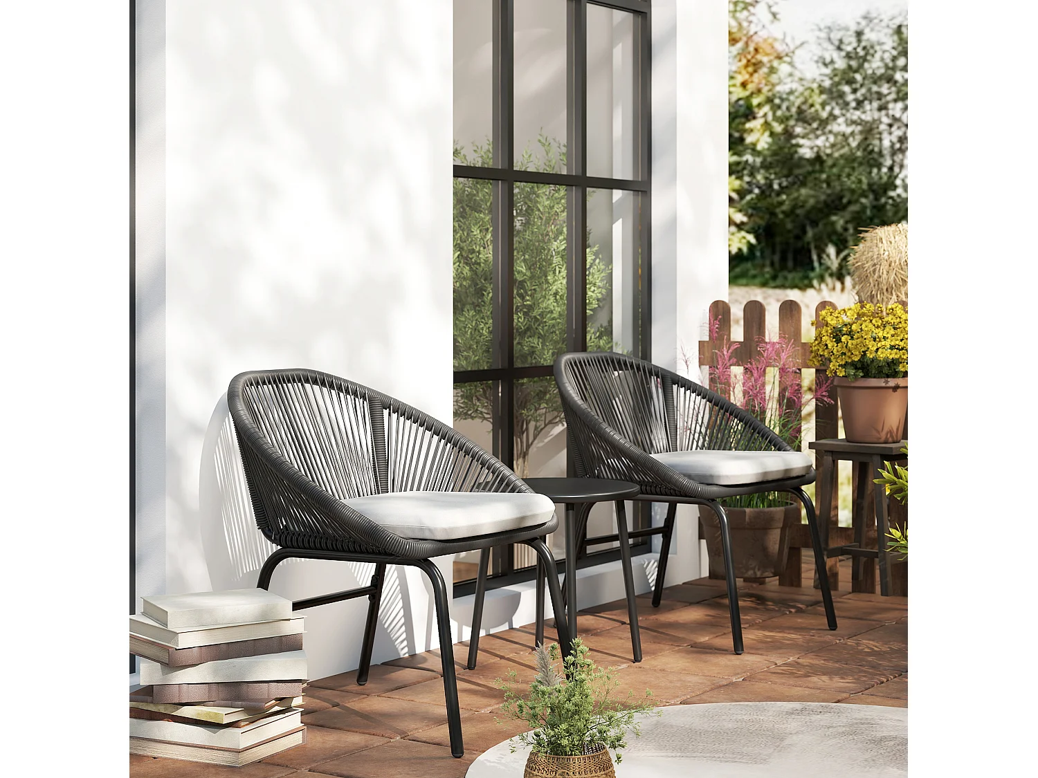 Set da giardino con 2 sedie e tavolino in acciaio e rattan pe nero