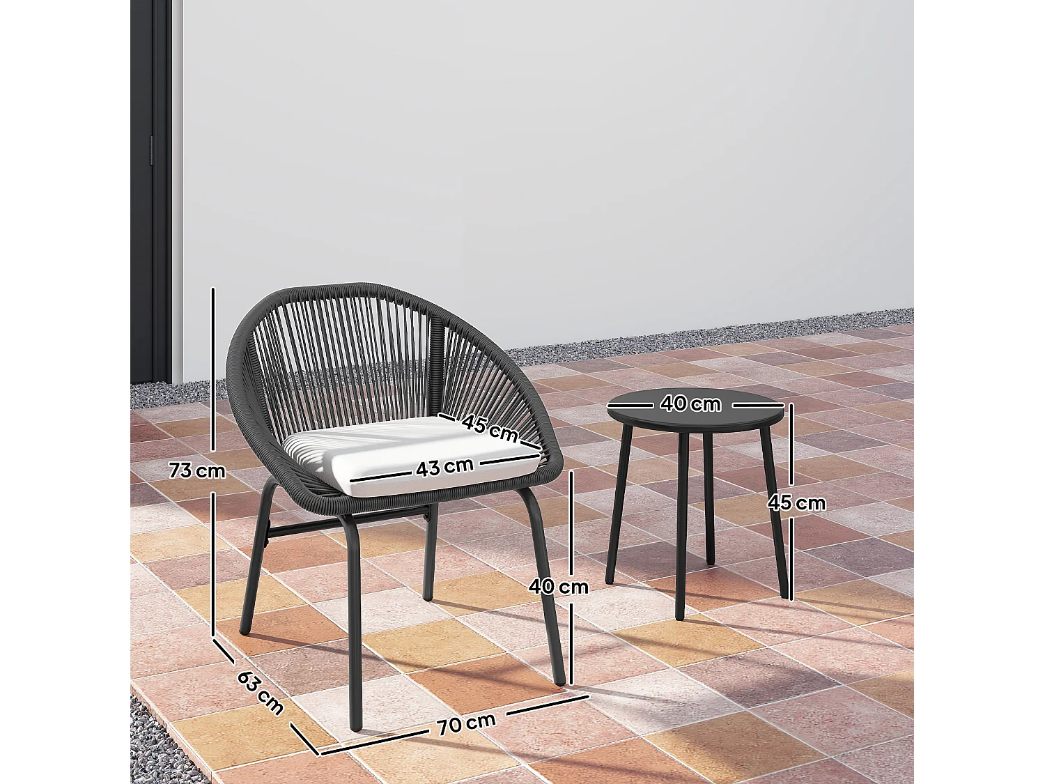 Set da giardino con 2 sedie e tavolino in acciaio e rattan pe nero