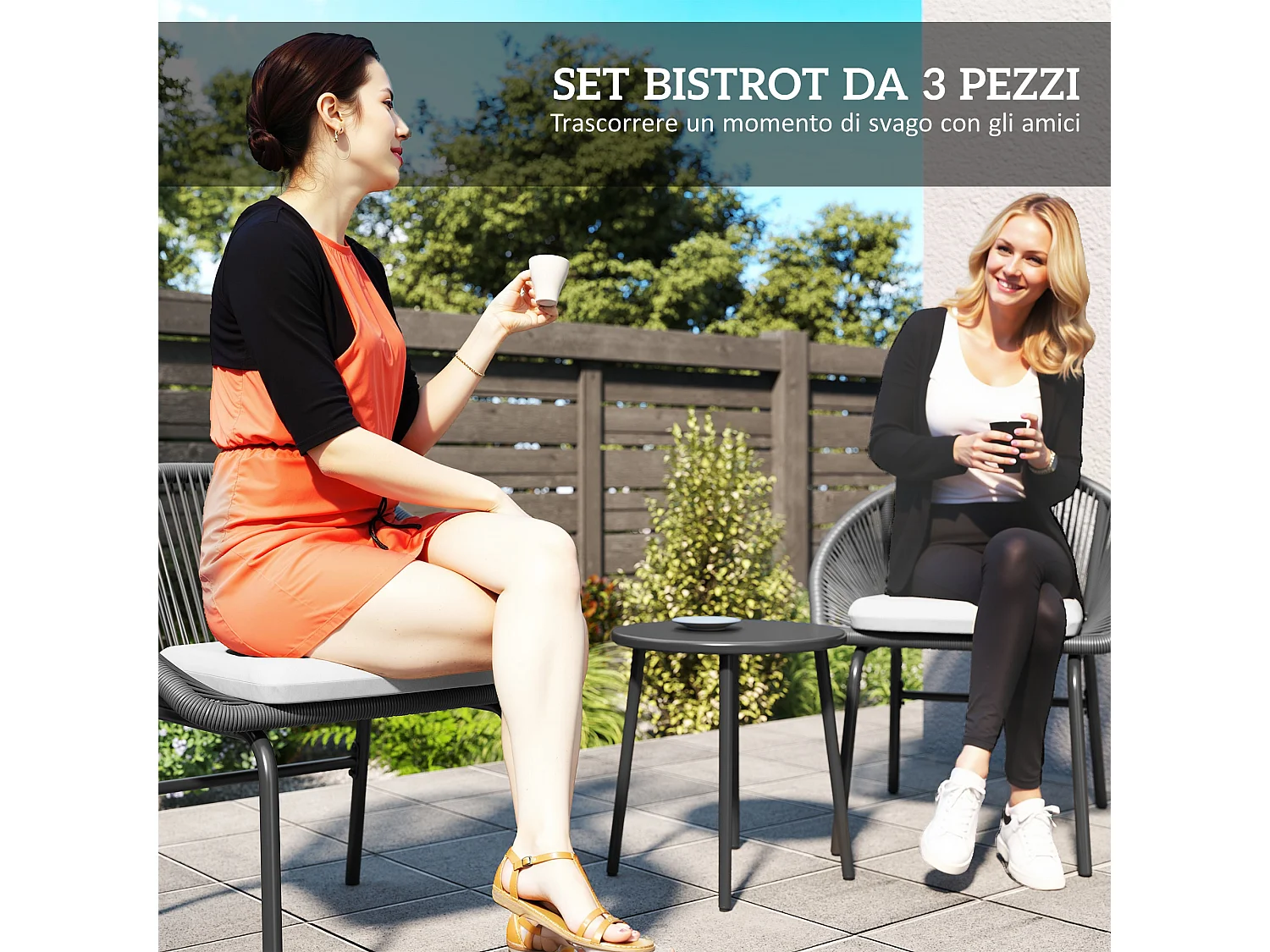 Set da giardino con 2 sedie e tavolino in acciaio e rattan pe nero