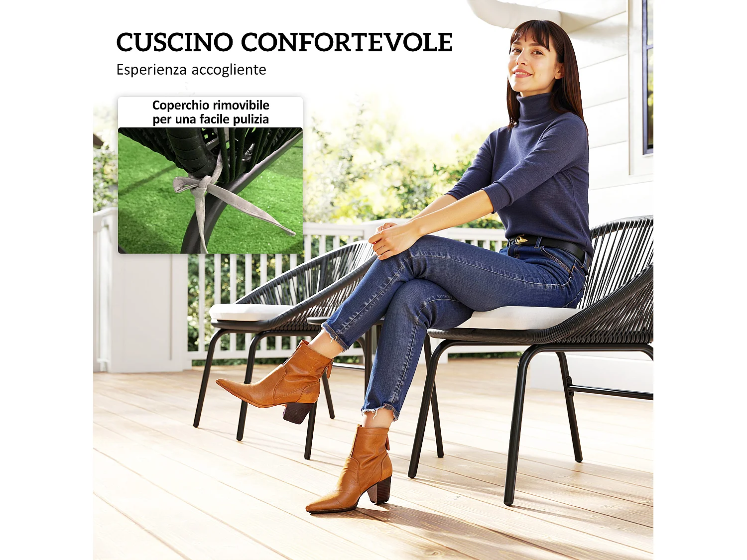 Set da giardino con 2 sedie e tavolino in acciaio e rattan pe nero