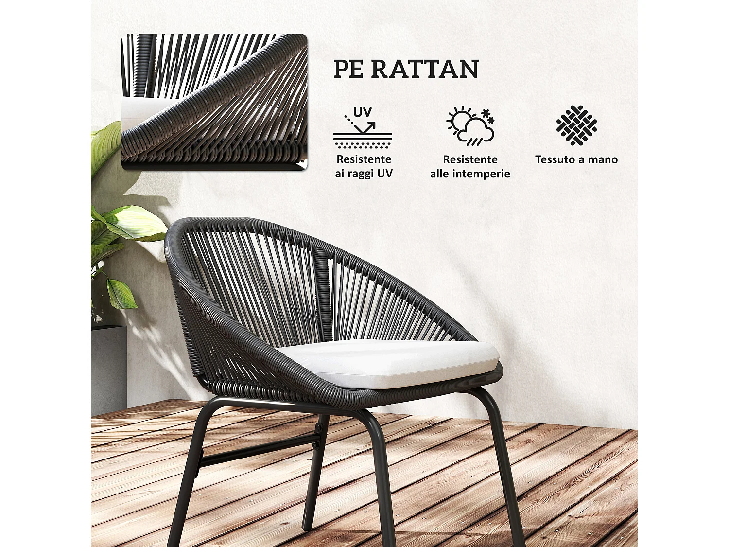 Set da giardino con 2 sedie e tavolino in acciaio e rattan pe nero