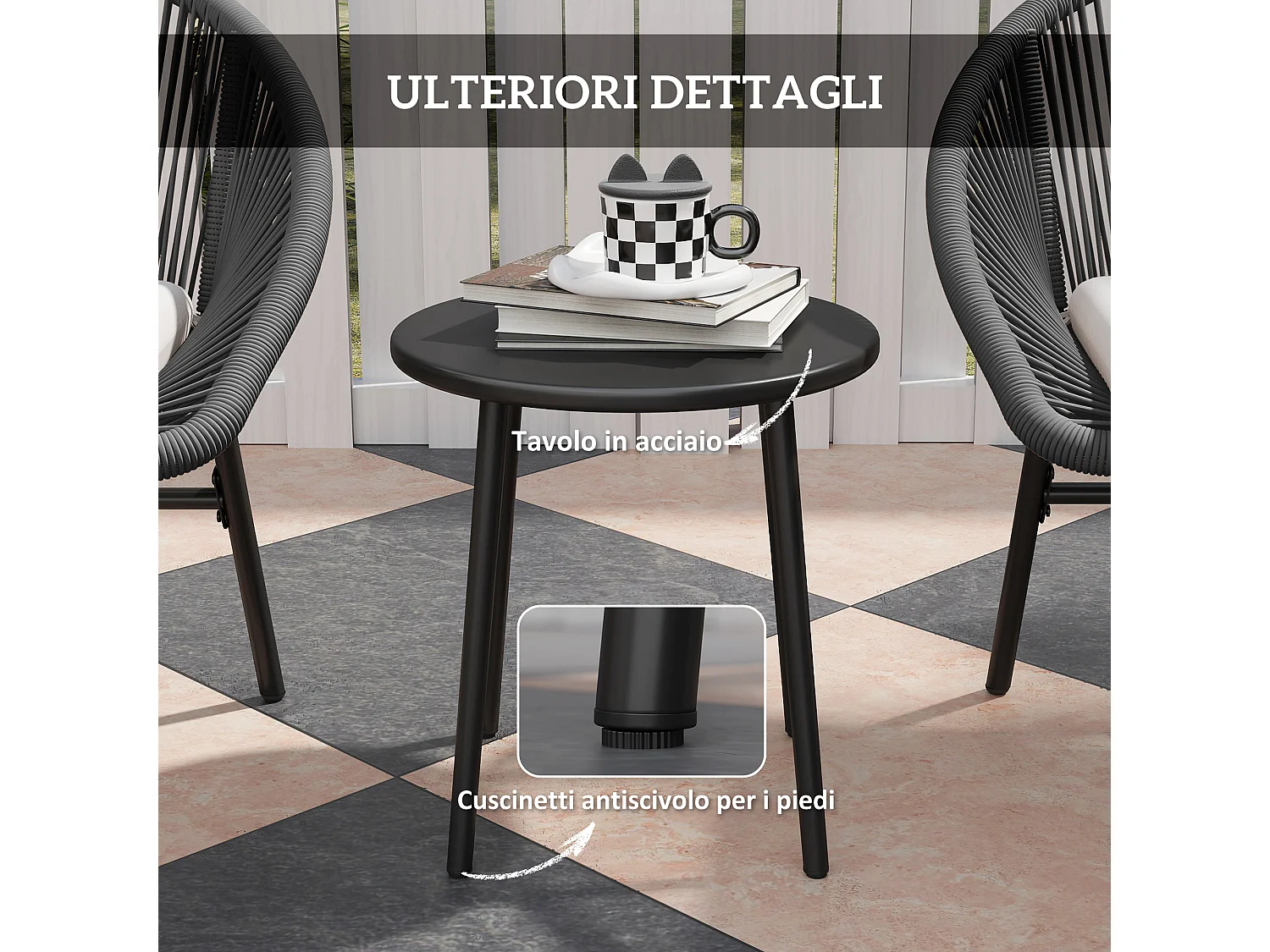 Set da giardino con 2 sedie e tavolino in acciaio e rattan pe nero