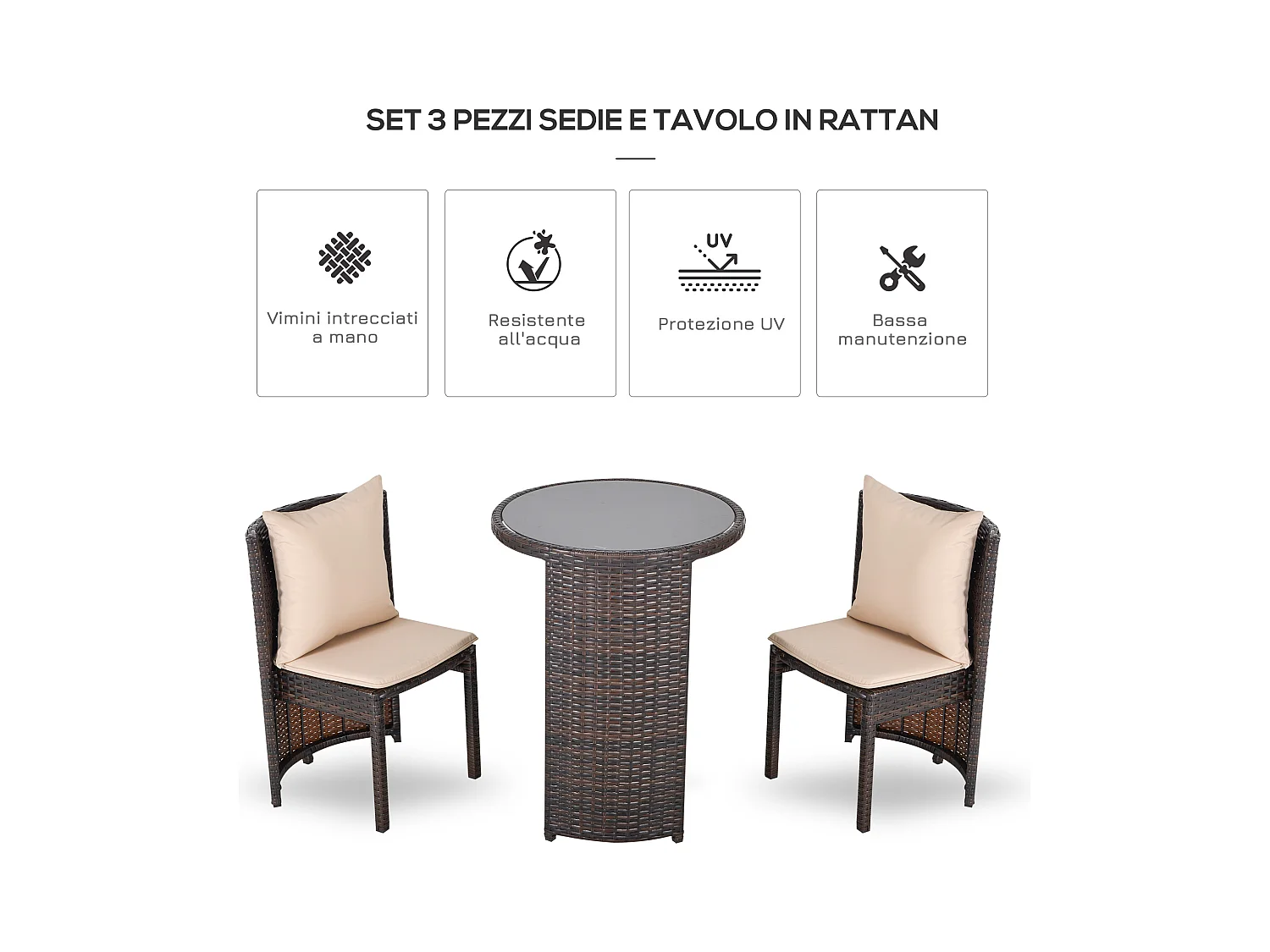 Set tavolino e sedie da esterno e giardino in rattan marrone e beige