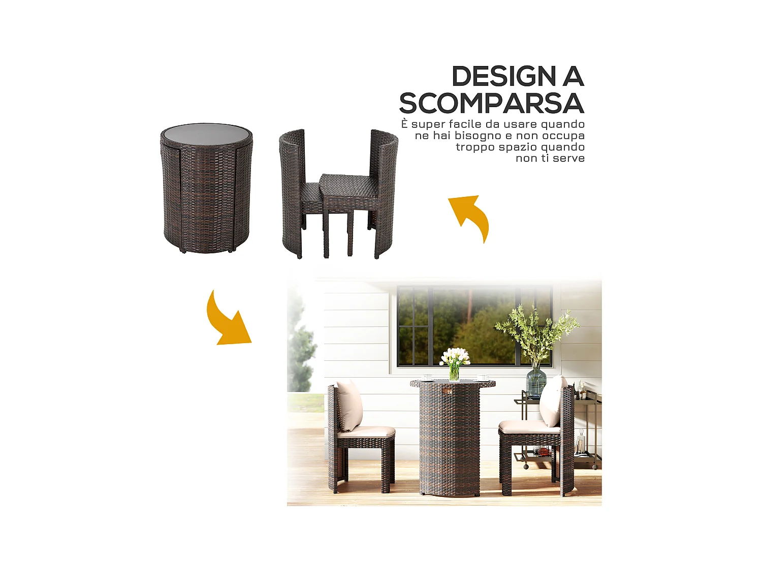 Set tavolino e sedie da esterno e giardino in rattan marrone e beige