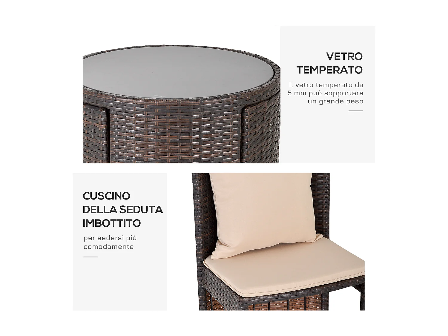 Set tavolino e sedie da esterno e giardino in rattan marrone e beige
