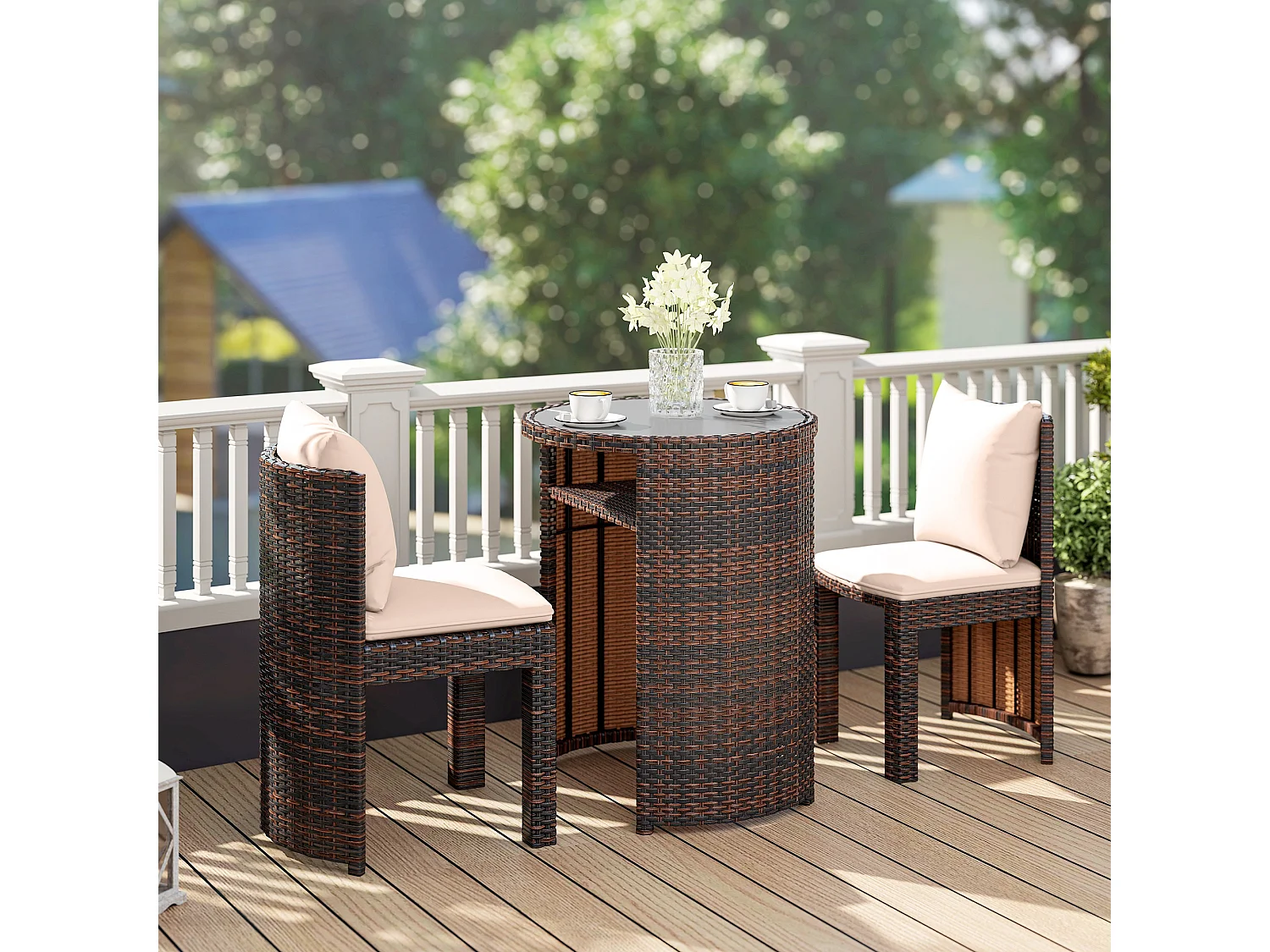 Set tavolino e sedie da esterno e giardino in rattan marrone e beige