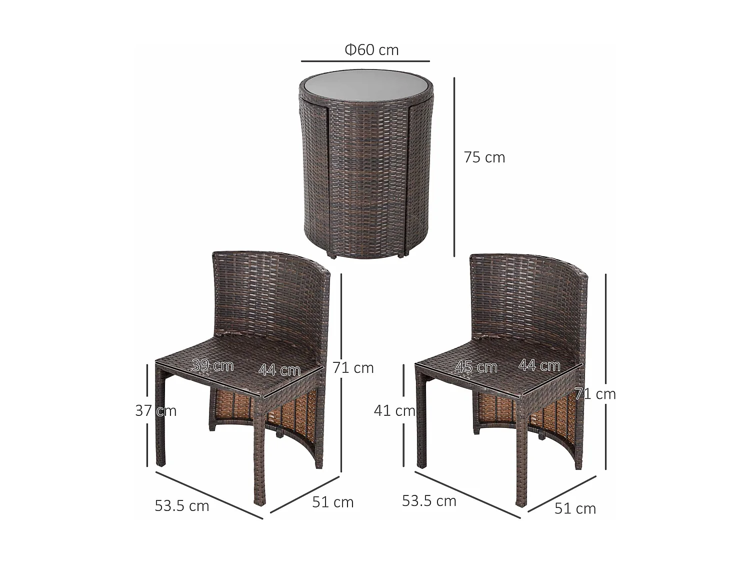 Set tavolino e sedie da esterno e giardino in rattan marrone e beige