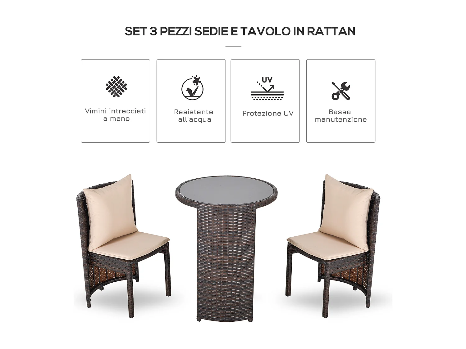 Set tavolino e sedie da esterno e giardino in rattan marrone e beige